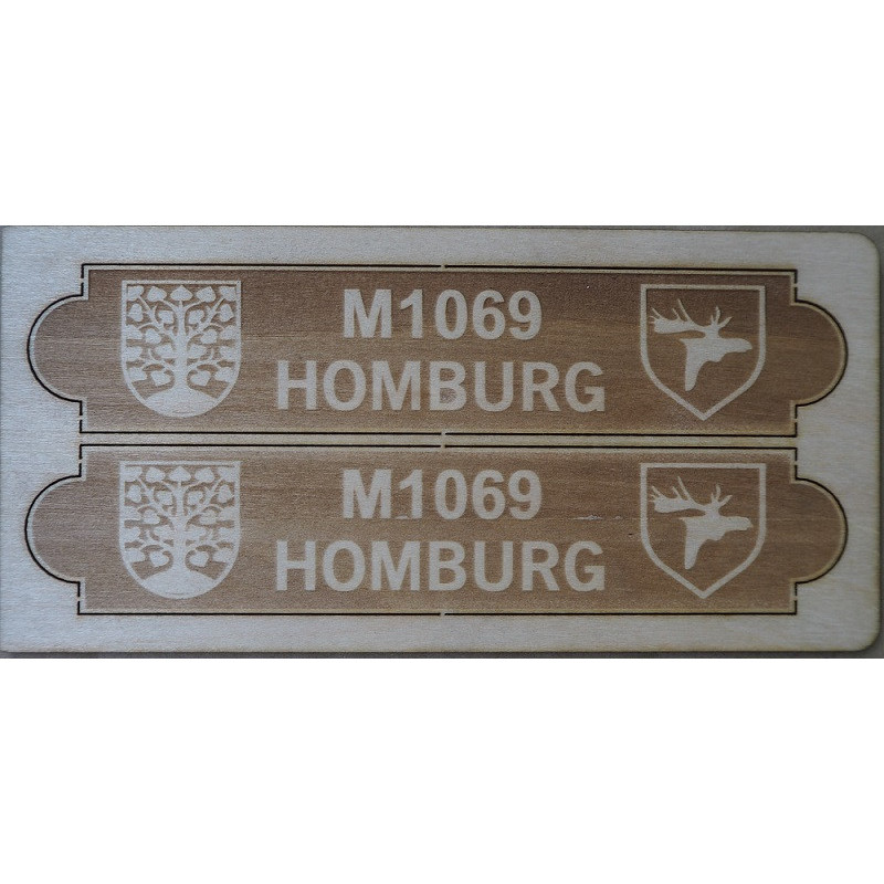M1069 "Homburg" - the German minesweeper - lasser cut wooden name plates M1069 "Homburg" - the German minesweeper - lasser cut wooden name plates